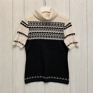 LOFT Cream Black Short Sleeve Turtleneck Sweater Small